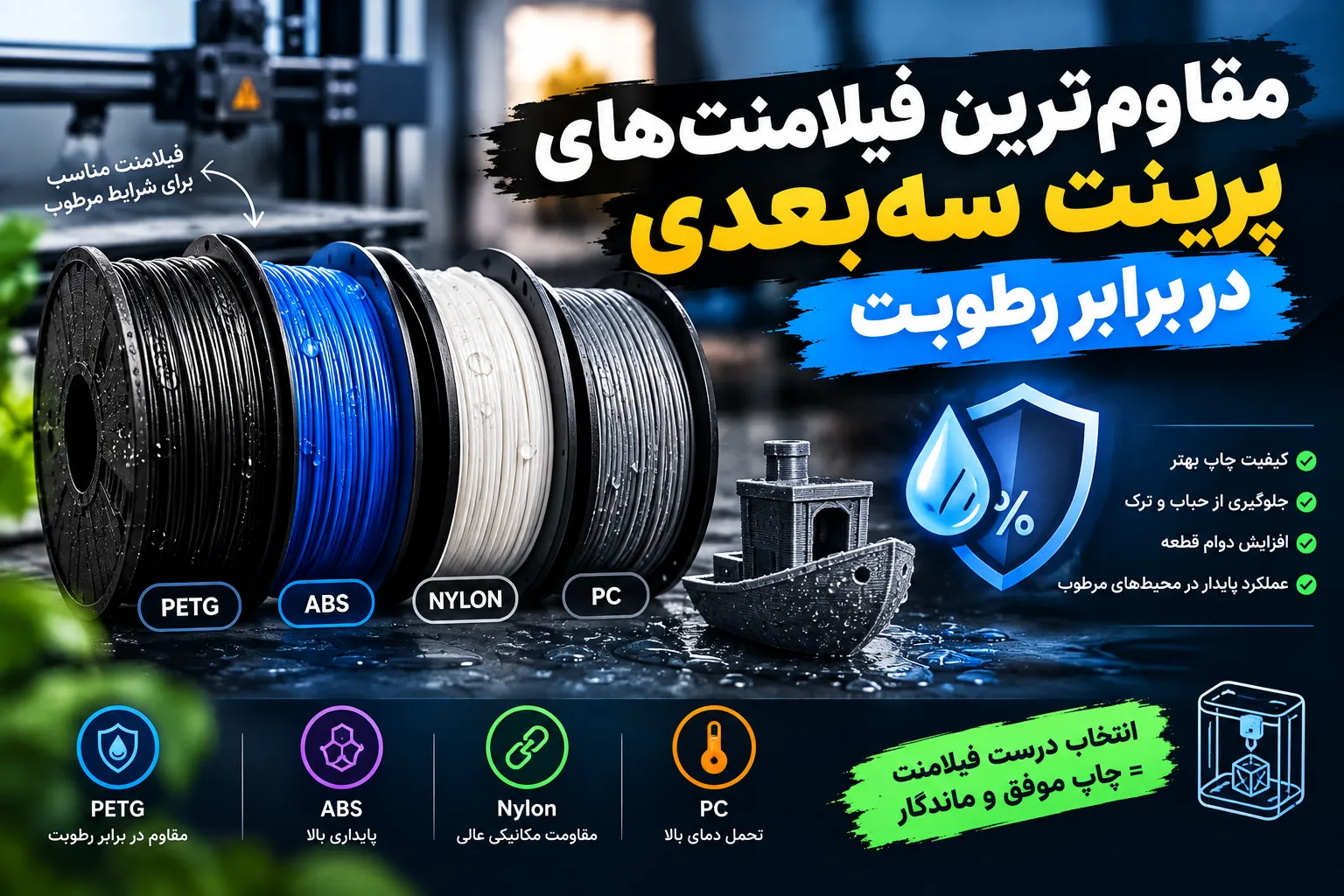 مقاوم‌ترین فیلامنت‌های پرینت سه‌بعدی در برابر رطوبت